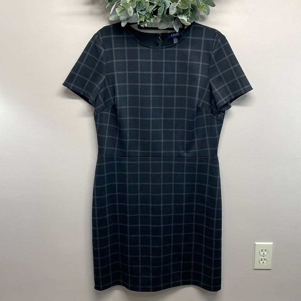 Chaps Classic Sheath Dress Black Gray Windowpane Plaid 14